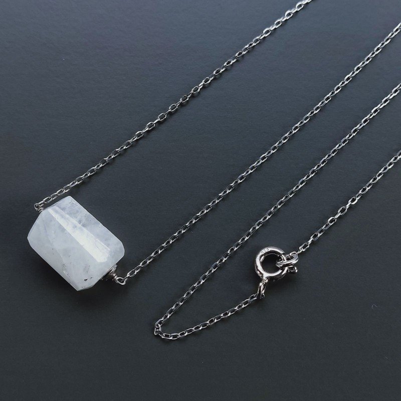 Collana Girocollo Con Catena Rodiato Argento 925 E Pietra Di Luna (Adularia) Sassi Sfaccettato A Mano 1Pz