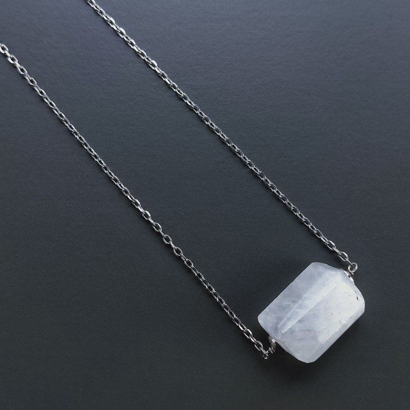 Collana Girocollo Con Catena Rodiato Argento 925 E Pietra Di Luna (Adularia) Sassi Sfaccettato A Mano 1Pz