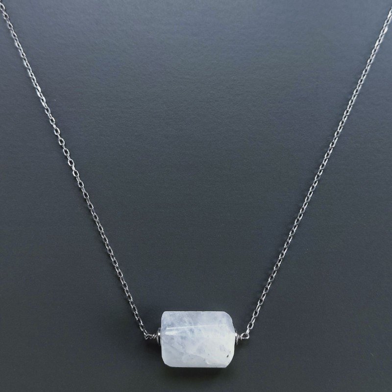 Collana Girocollo Con Catena Rodiato Argento 925 E Pietra Di Luna (Adularia) Sassi Sfaccettato A Mano 1Pz