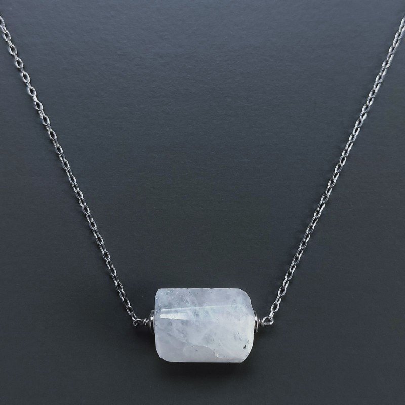 Collana Girocollo Con Catena Rodiato Argento 925 E Pietra Di Luna (Adularia) Sassi Sfaccettato A Mano 1Pz