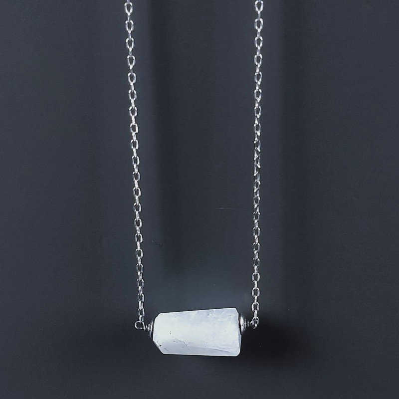 Collana Girocollo Con Catena Rodiato Argento 925 E Pietra Di Luna (Adularia) Sassi Sfaccettato A Mano 1Pz