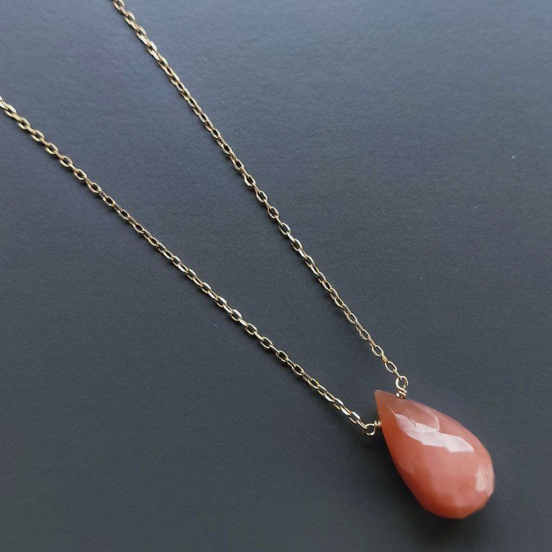 Collana Girocollo Con Catena Dorato Argento 925 E Pietra Di Luna Chocolate Goccia Sfaccettato A Mano 1Pz