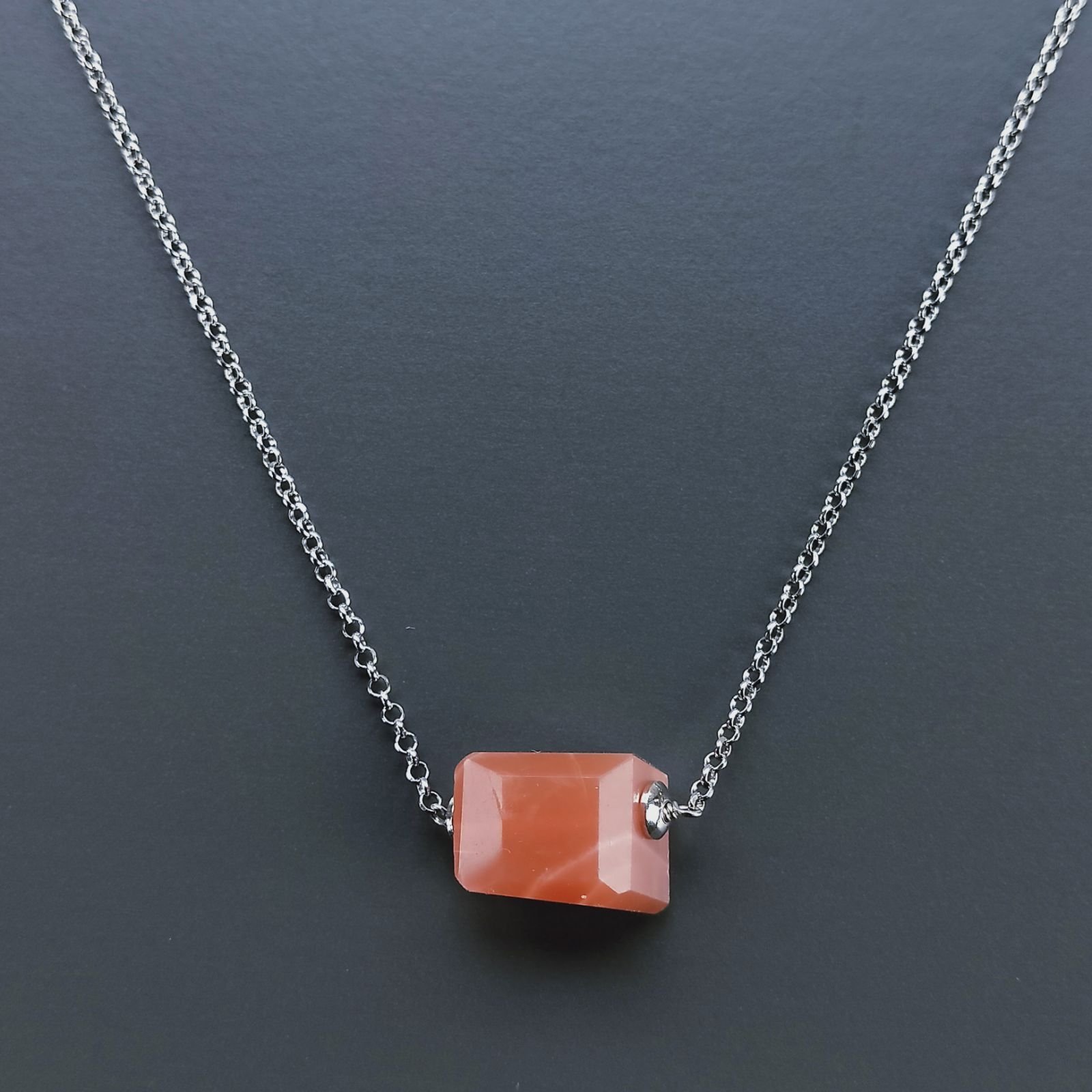 Collana Girocollo Con Catena Rodiato Argento 925 E Pietra Di Luna Sassi Pesca Sfaccettato A Mano 1Pz