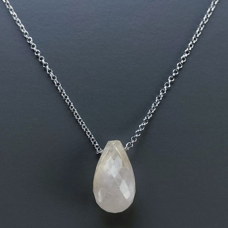 Collana Girocollo Con Catena Rodiato Argento 925 E Quarzo Rutillato Oro Gocce Sfaccettato A Mano 1Pz