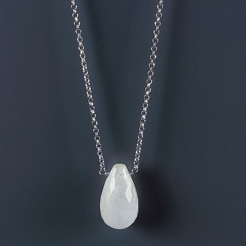 Collana Girocollo Con Catena Rodiato Argento 925 E Quarzo Rutillato Oro Gocce Sfaccettato A Mano 1Pz