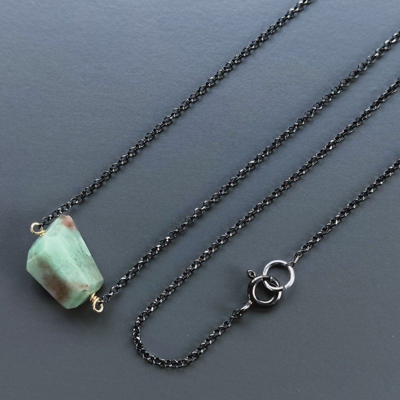 Collana Girocollo Con Catena Brunito Argento 925 E Radice Di Smeraldo Naturale Sfaccettato A Mano 1Pz