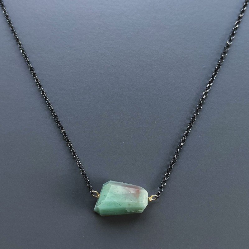 Collana Girocollo Con Catena Brunito Argento 925 E Radice Di Smeraldo Naturale Sfaccettato A Mano 1Pz