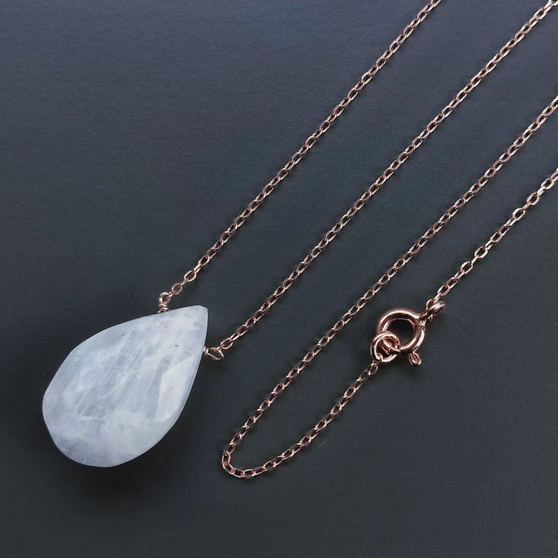 Collana Girocollo Con Catena Oro Rosa Argento 925 E Labradorite Bianca Gocce Briolette Sfaccettato A Mano 1Pz