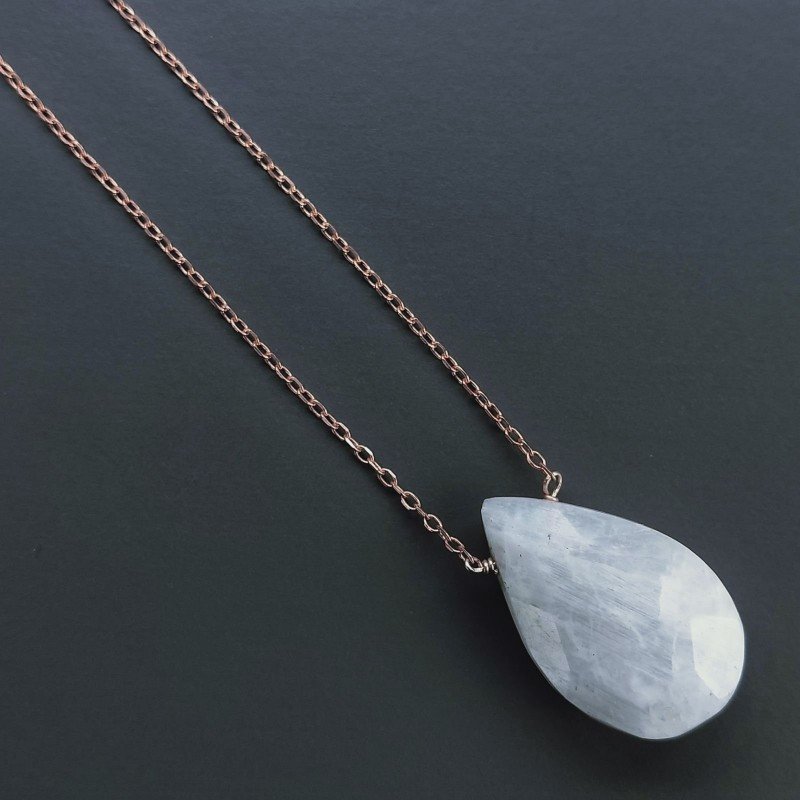 Collana Girocollo Con Catena Oro Rosa Argento 925 E Labradorite Bianca Gocce Briolette Sfaccettato A Mano 1Pz