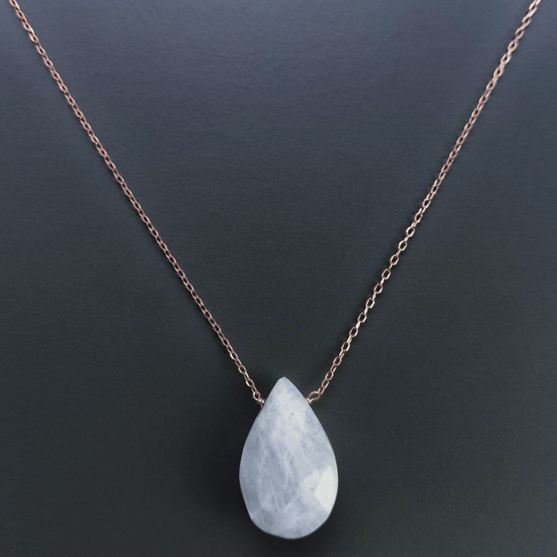 Collana Girocollo Con Catena Oro Rosa Argento 925 E Labradorite Bianca Gocce Briolette Sfaccettato A Mano 1Pz
