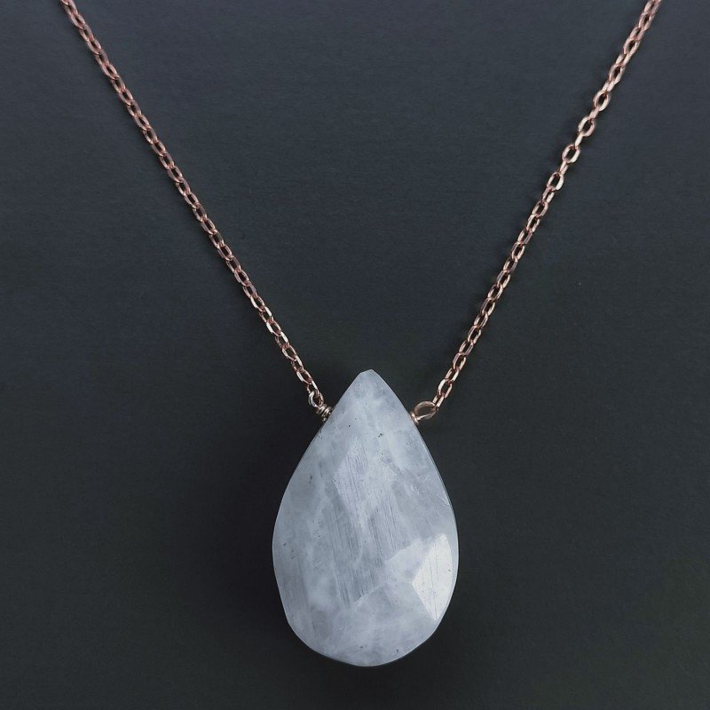 Collana Girocollo Con Catena Oro Rosa Argento 925 E Labradorite Bianca Gocce Briolette Sfaccettato A Mano 1Pz