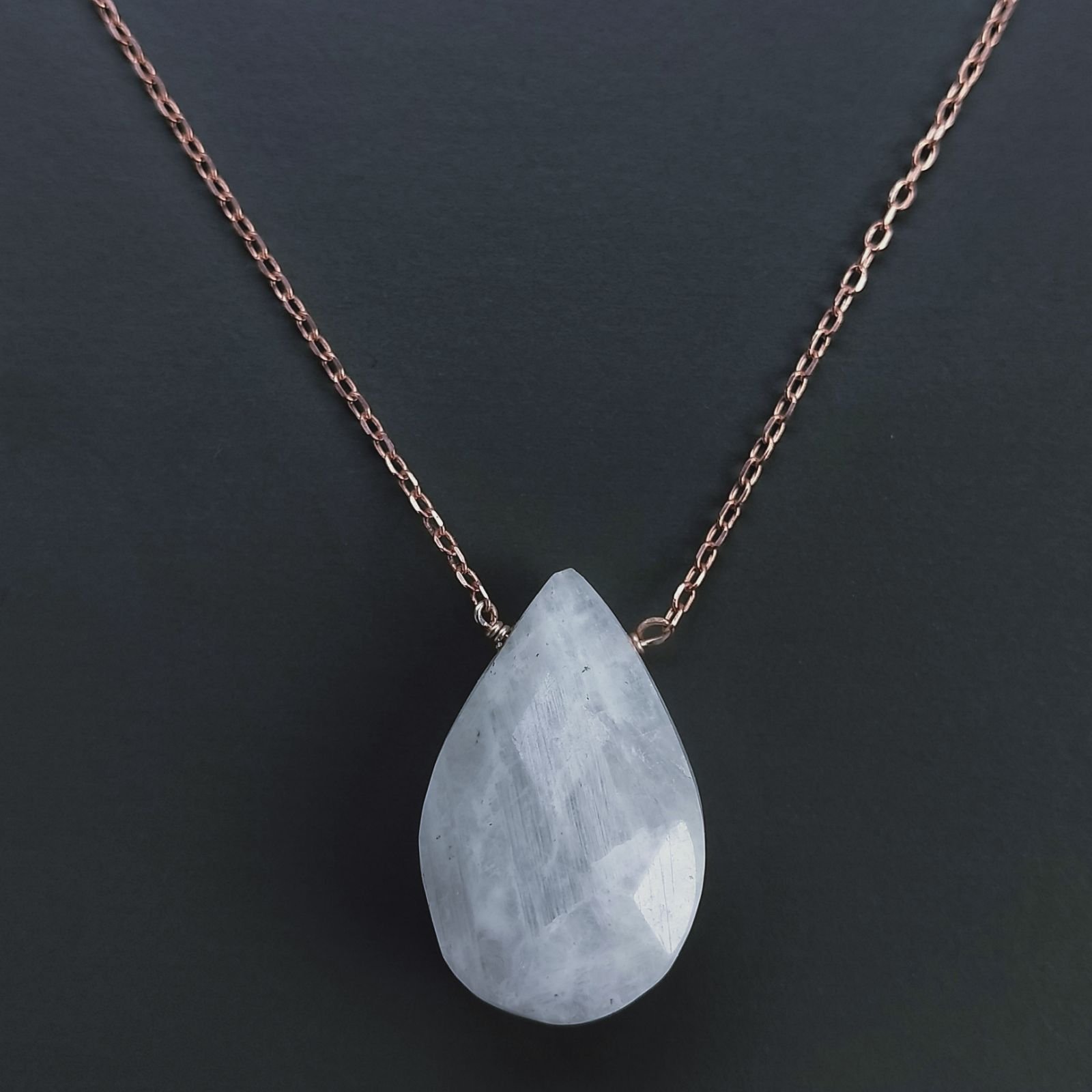 Collana Girocollo Con Catena Oro Rosa Argento 925 E Labradorite Bianca Gocce Briolette Sfaccettato A Mano 1Pz
