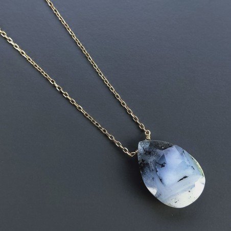 Collana Girocollo Con Catena Dorato Argento 925 E Opale Dendritica Gocce Briolette Sfaccettato A Mano 1Pz