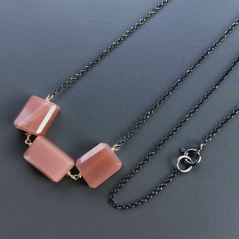 Collana Girocollo Con Catena Brunito Argento 925 E Pietra Di Luna Chocolate Sassi Sfaccettato A Mano 1Pz