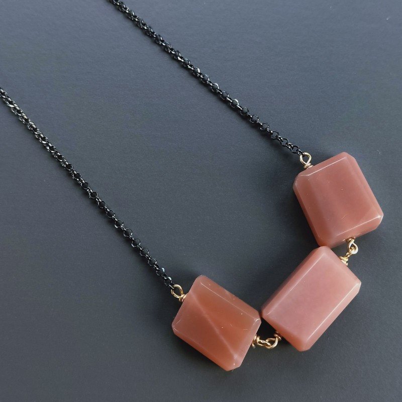 Collana Girocollo Con Catena Brunito Argento 925 E Pietra Di Luna Chocolate Sassi Sfaccettato A Mano 1Pz