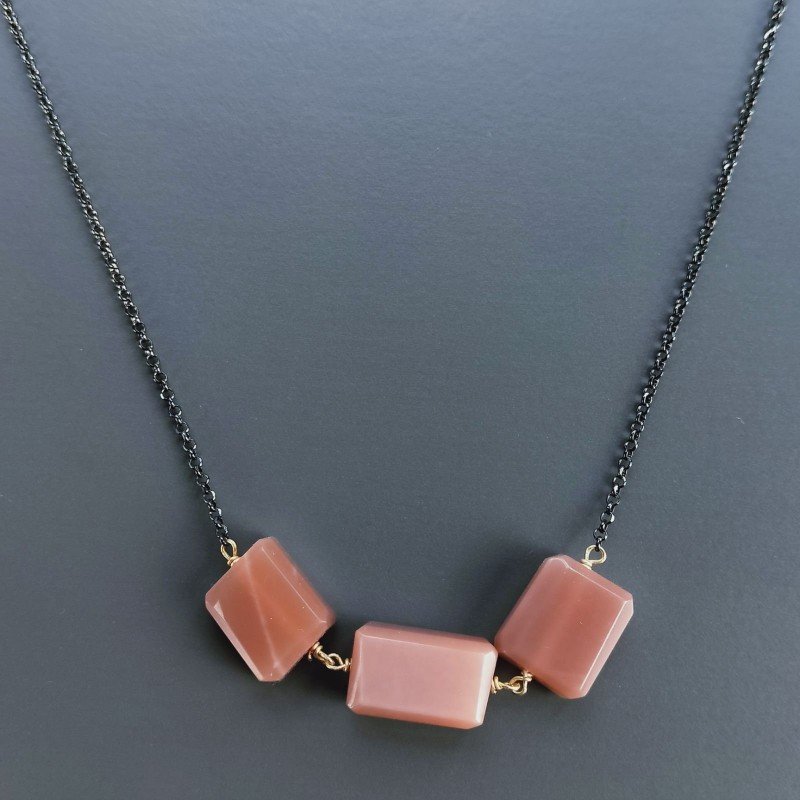 Collana Girocollo Con Catena Brunito Argento 925 E Pietra Di Luna Chocolate Sassi Sfaccettato A Mano 1Pz