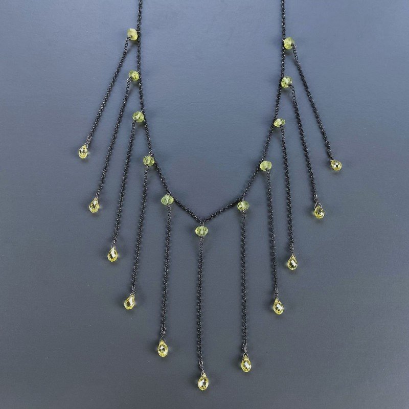 Collana Girocollo Con Catena Brunito Argento 925 Zircone Olivina (Peridoto) A 11 Gocce Sfaccettato A Mano 1Pz