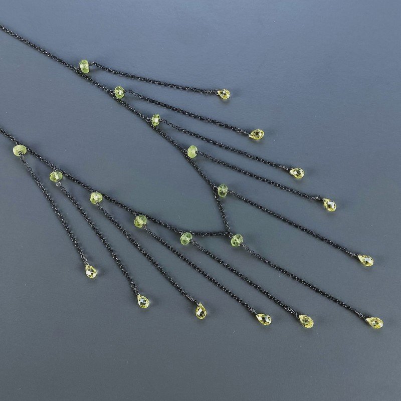Collana Girocollo Con Catena Brunito Argento 925 Zircone Olivina (Peridoto) A 11 Gocce Sfaccettato A Mano 1Pz
