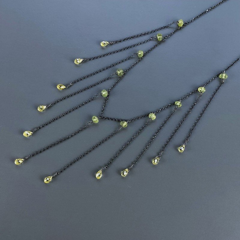 Collana Girocollo Con Catena Brunito Argento 925 Zircone Olivina (Peridoto) A 11 Gocce Sfaccettato A Mano 1Pz