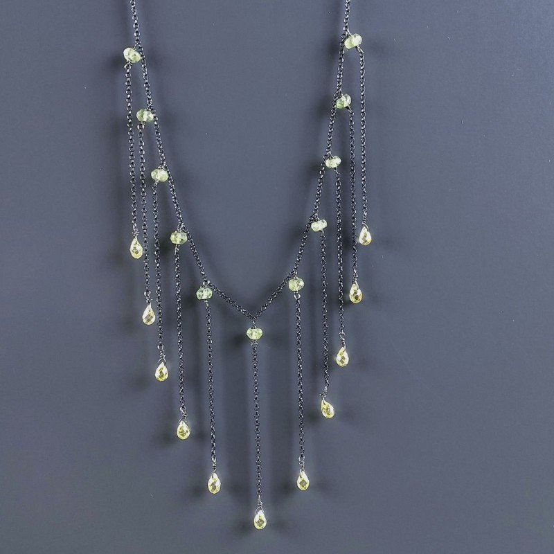 Collana Girocollo Con Catena Brunito Argento 925 Zircone Olivina (Peridoto) A 11 Gocce Sfaccettato A Mano 1Pz