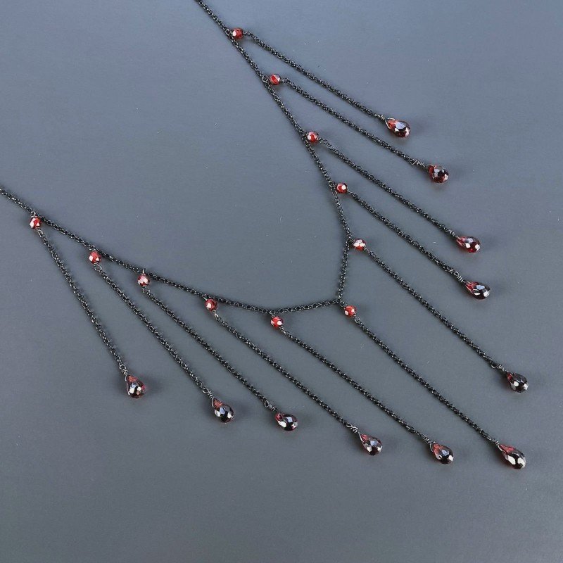 Collana Girocollo Con Catena Brunito Argento 925 Zircone Granato Rosso A 11 Gocce Sfaccettato A Mano 1Pz Collana Girocollo Con Catena Brunito Argento 925 Zircone Granato Rosso A 11 Gocce Sfaccettato A Mano 1Pz