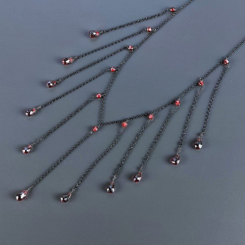 Collana Girocollo Con Catena Brunito Argento 925 Zircone Granato Rosso A 11 Gocce Sfaccettato A Mano 1Pz Collana Girocollo Con Catena Brunito Argento 925 Zircone Granato Rosso A 11 Gocce Sfaccettato A Mano 1Pz