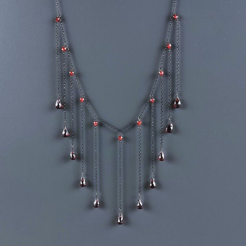 Collana Girocollo Con Catena Brunito Argento 925 Zircone Granato Rosso A 11 Gocce Sfaccettato A Mano 1Pz Collana Girocollo Con Catena Brunito Argento 925 Zircone Granato Rosso A 11 Gocce Sfaccettato A Mano 1Pz