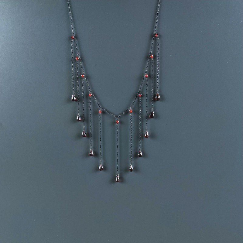 Collana Girocollo Con Catena Brunito Argento 925 Zircone Granato Rosso A 11 Gocce Sfaccettato A Mano 1Pz Collana Girocollo Con Catena Brunito Argento 925 Zircone Granato Rosso A 11 Gocce Sfaccettato A Mano 1Pz
