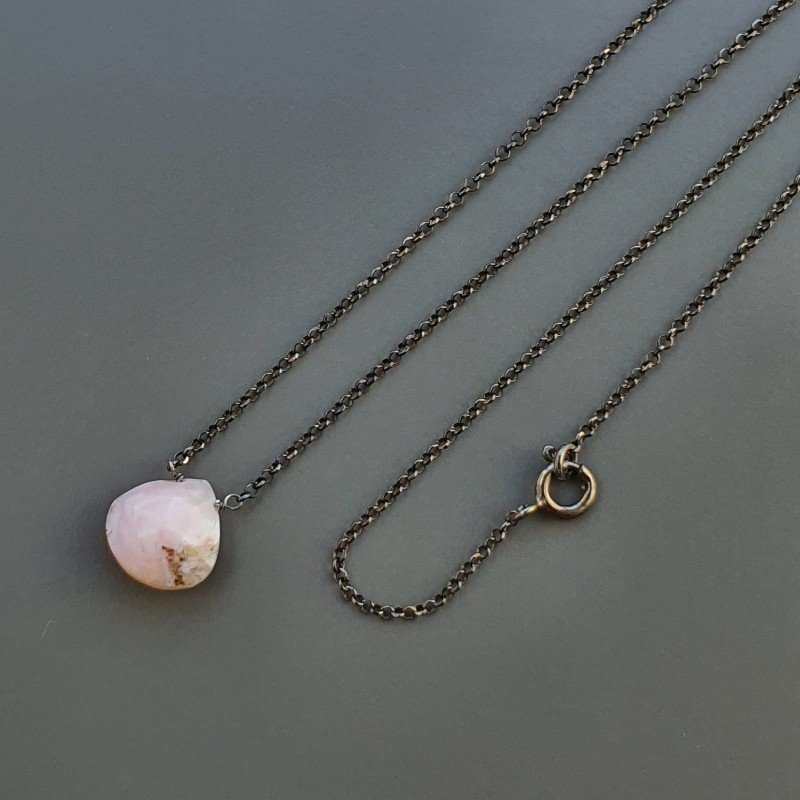 Collana Girocollo Con Catena Brunito Argento 925 E Opale Rosa Taglio Goccia Briolette Sfaccettato A Mano 1Pz