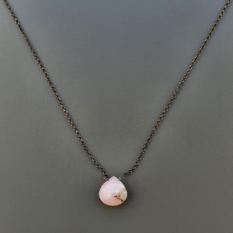 Collana Girocollo Con Catena Brunito Argento 925 E Opale Rosa Taglio Goccia Briolette Sfaccettato A Mano 1Pz