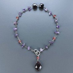 Bracciale Nodo Orafo Rodiato Con Ametista E Granato Rosso Forme Miste Sfaccettato A Mano 1pz