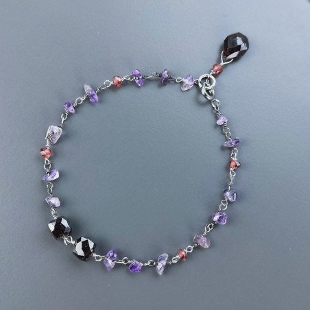 Bracciale Nodo Orafo Rodiato Con Ametista E Granato Rosso Forme Miste Sfaccettato A Mano 1pz