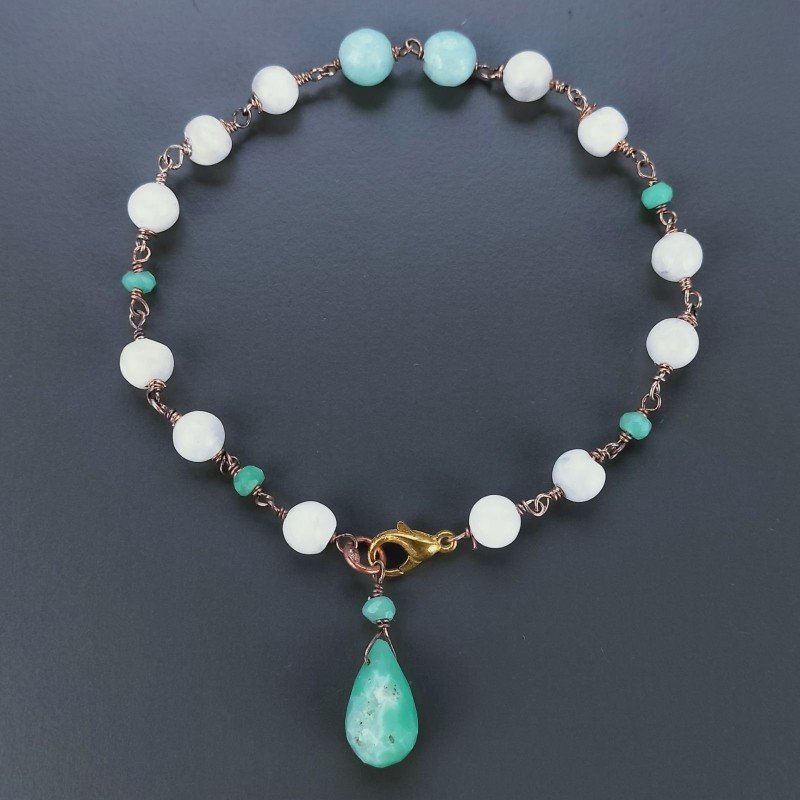 Bracciale Nodo Orafo Rosato Con Pietra Di Luna E Crisoprasio Forme Miste Sfaccettato A Mano 1pz
