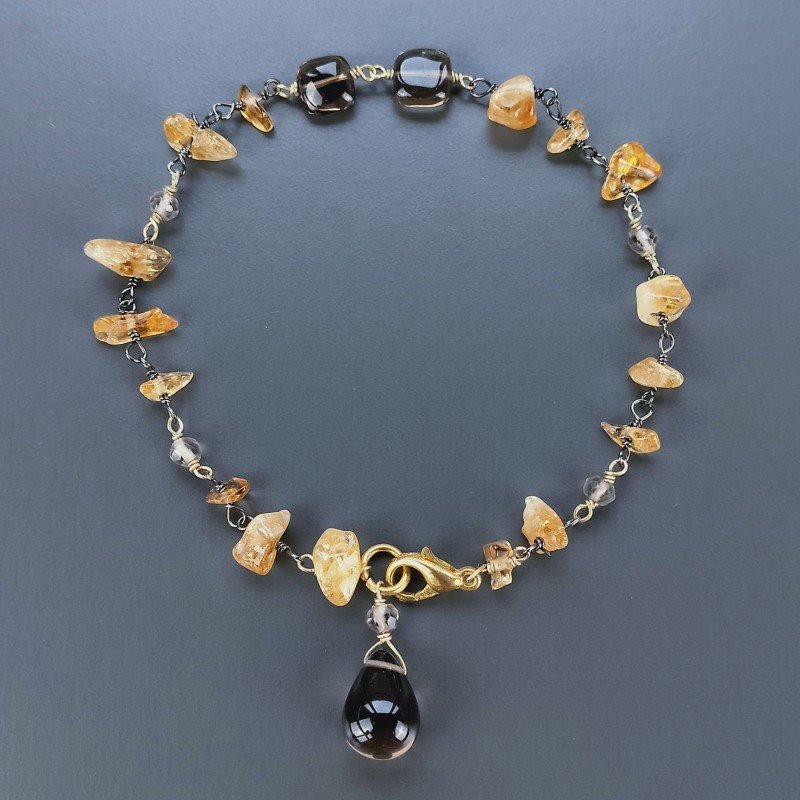 Bracciale Nodo Orafo Brunito Con Quarzo Citrino E Quarzo Fume Forme Miste Sfaccettato A Mano 1pz