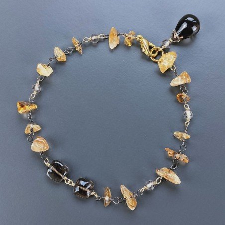 Bracciale Nodo Orafo Brunito Con Quarzo Citrino E Quarzo Fume Forme Miste Sfaccettato A Mano 1pz