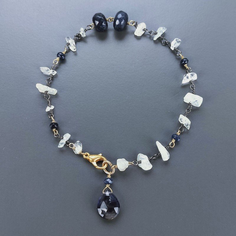 Bracciale Nodo Orafo Rodiato Con Acquamarina E Iolite Forme Miste Sfaccettato A Mano 1pz