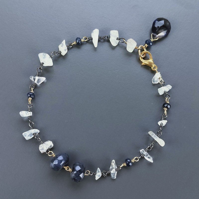 Bracciale Nodo Orafo Rodiato Con Acquamarina E Iolite Forme Miste Sfaccettato A Mano 1pz
