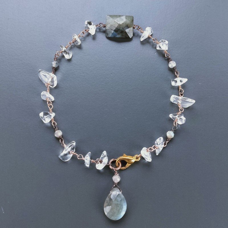 Bracciale Nodo Orafo Rosato Con Cristallo Di Rocca E Labradorite Forme Miste Sfaccettato A Mano 1pz