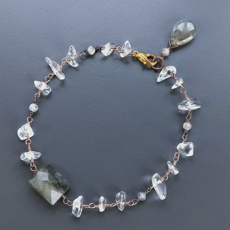 Bracciale Nodo Orafo Rosato Con Cristallo Di Rocca E Labradorite Forme Miste Sfaccettato A Mano 1pz