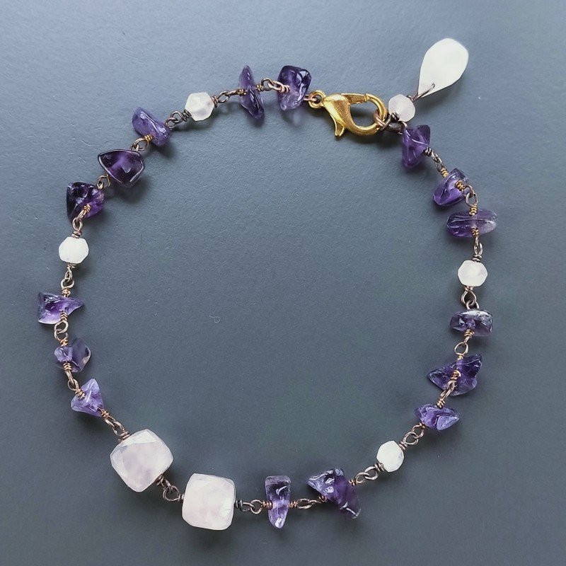 Bracciale Nodo Orafo Rosato Con Ametista E Quarzo Rosa Forme Miste Sfaccettato A Mano 1pz