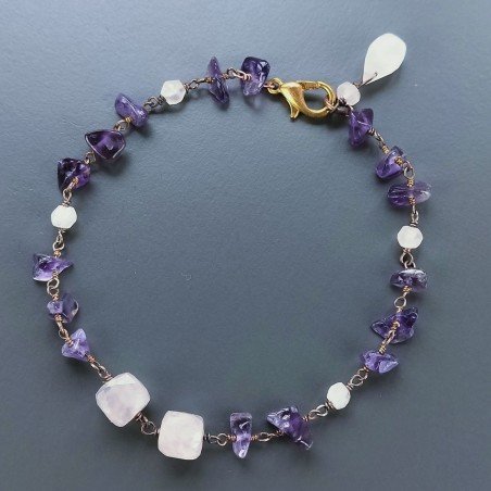 Bracciale Nodo Orafo Rosato Con Ametista E Quarzo Rosa Forme Miste Sfaccettato A Mano 1pz