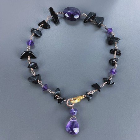 Bracciale Nodo Orafo Rosato Con Agata Nera E Ametista Africana Forme Miste Sfaccettato A Mano 1pz