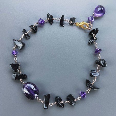 Bracciale Nodo Orafo Rosato Con Agata Nera E Ametista Africana Forme Miste Sfaccettato A Mano 1pz