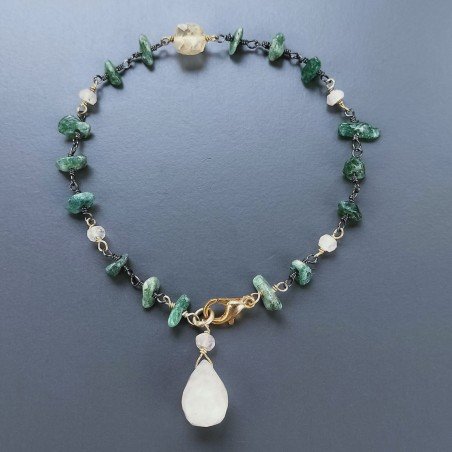 Bracciale Nodo Orafo Brunito Con Avventurina Verde E Quarzo Rutillato Oro Forme Miste Sfaccettato A Mano 1pz