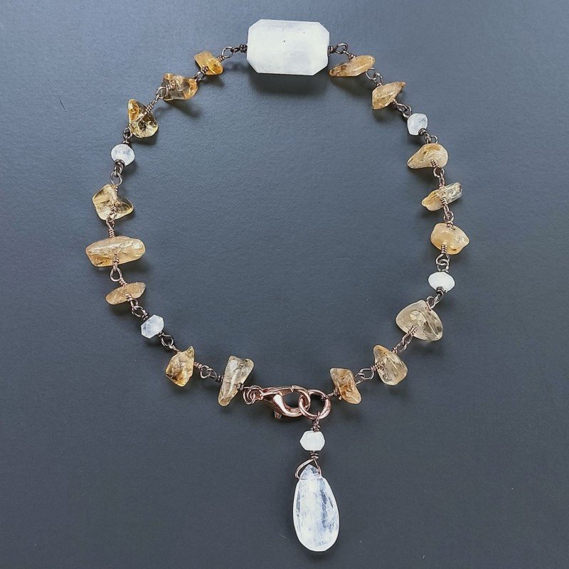 Bracciale Nodo Orafo Rosato Con Quarzo Citrino E Pietra Di Luna Forme Miste Sfaccettato A Mano 1pz