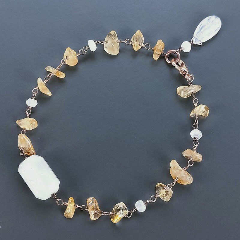 Bracciale Nodo Orafo Rosato Con Quarzo Citrino E Pietra Di Luna Forme Miste Sfaccettato A Mano 1pz