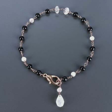 Bracciale Nodo Orafo Rosato Con Agata Nera E Quarzo Rosa Forme Miste Sfaccettato A Mano 1pz