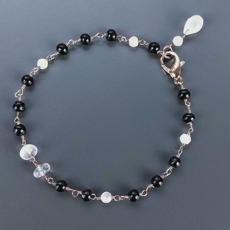 Bracciale Nodo Orafo Rosato Con Agata Nera E Quarzo Rosa Forme Miste Sfaccettato A Mano 1pz