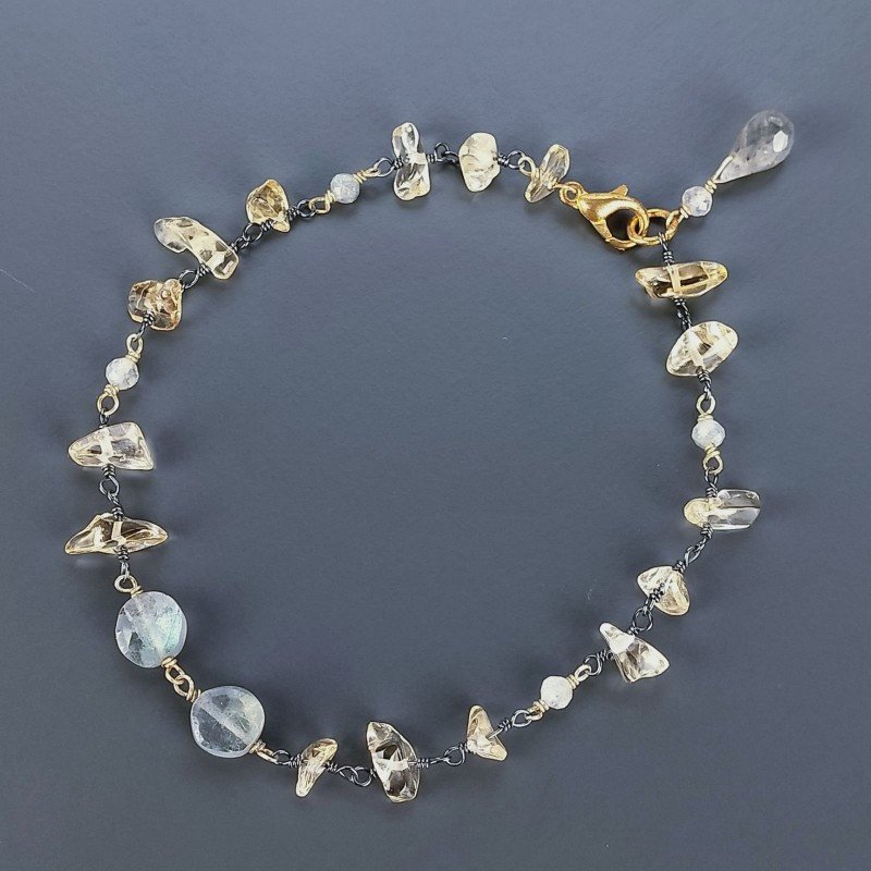 Bracciale Nodo Orafo Brunito Con Quarzo Citrino E Labradorite Forme Miste Sfaccettato A Mano 1pz
