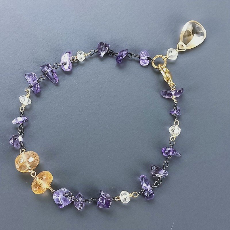 Bracciale Nodo Orafo Brunito Con Ametista E Quarzo Citrino Forme Miste Sfaccettato A Mano 1pz